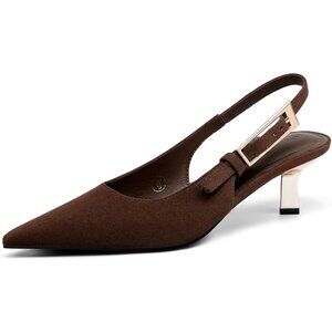 Women's Dark Brown Slingback Kitten Heels Closed Pointed Toe Pumps Buckle Strap